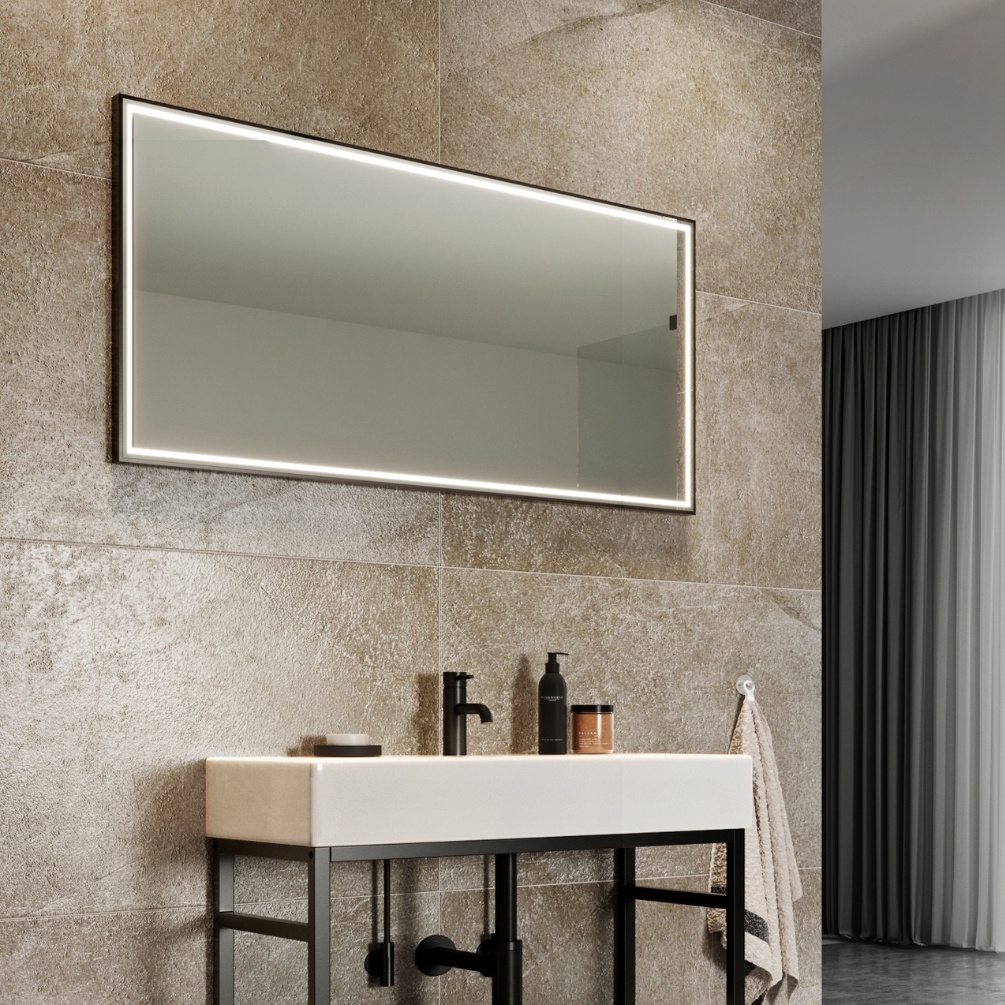 Product Lifestyle image of the Abacus Line Matt Black Framed 1200mm x 600mm LED Mirror